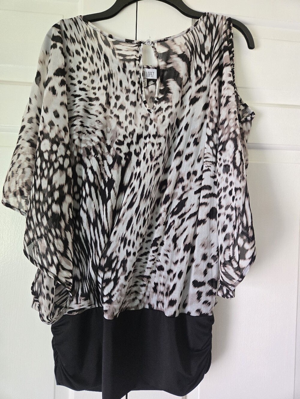 Jennifer Lopez Black and White Animal-Print Cold-Shoulder Tunic - Picture 1 of 3